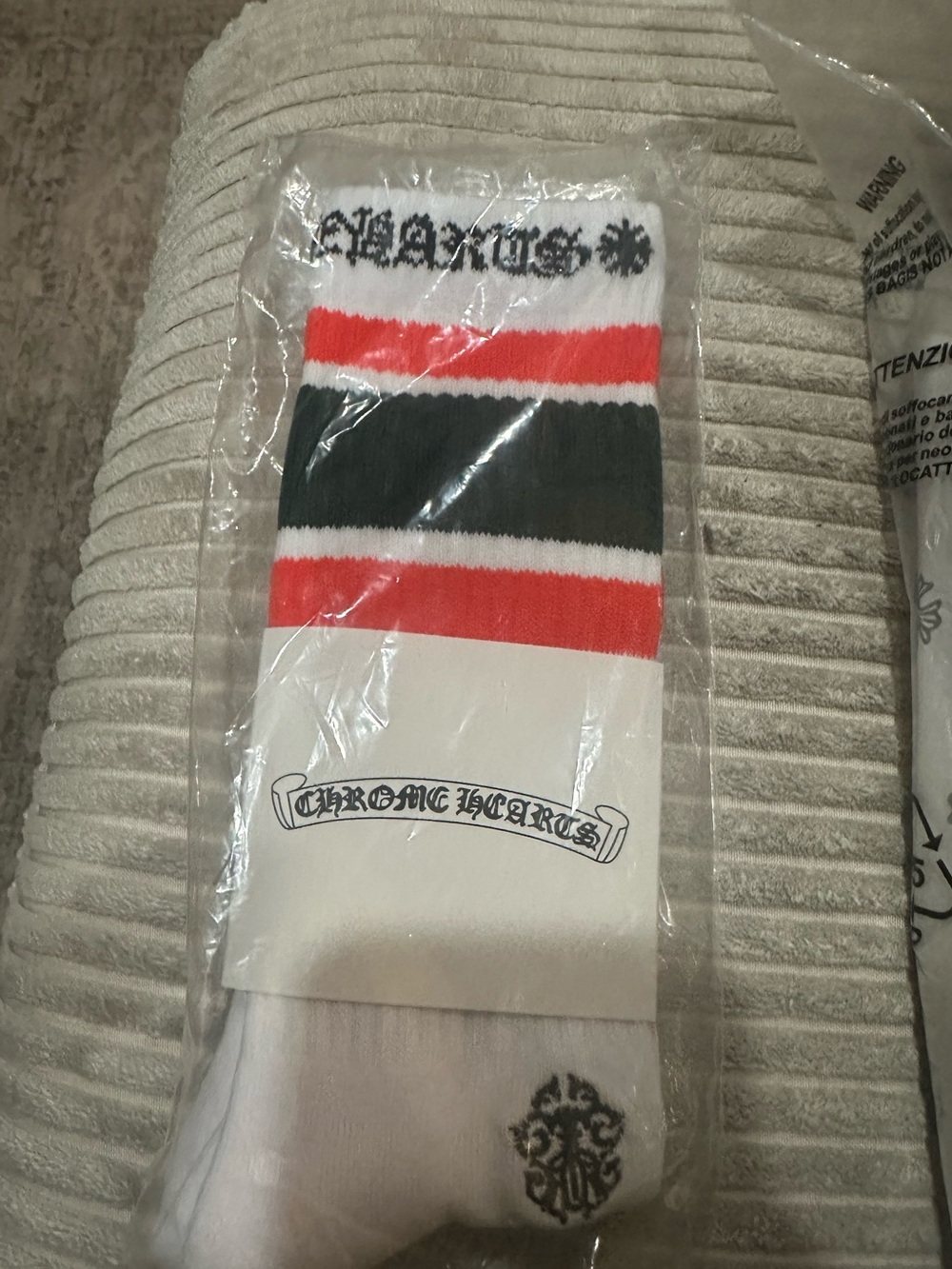 Chrome Hearts White Crew Socks with Red & Black Stripe Accents